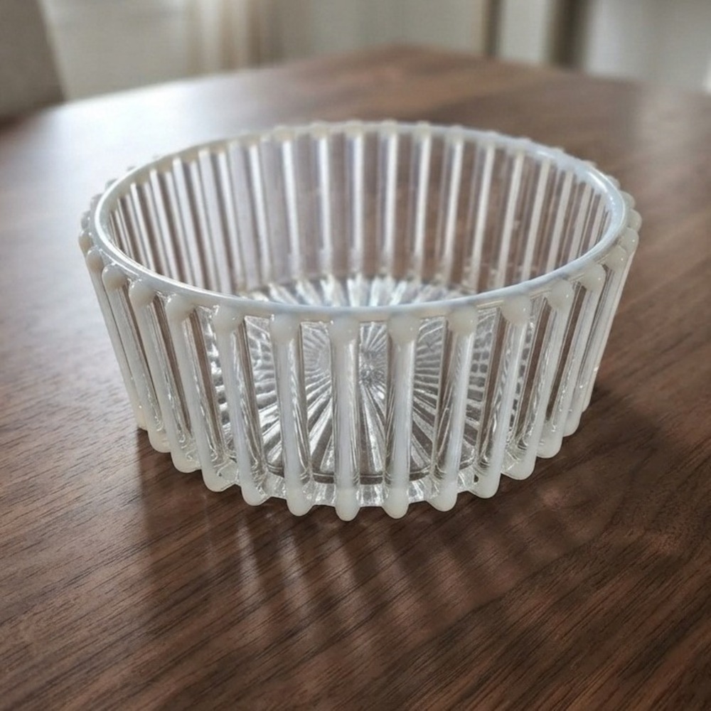 Vintage Opalescent Glass Ribbed Bowl Clear White Picket Fence Sunburst 4 Inch